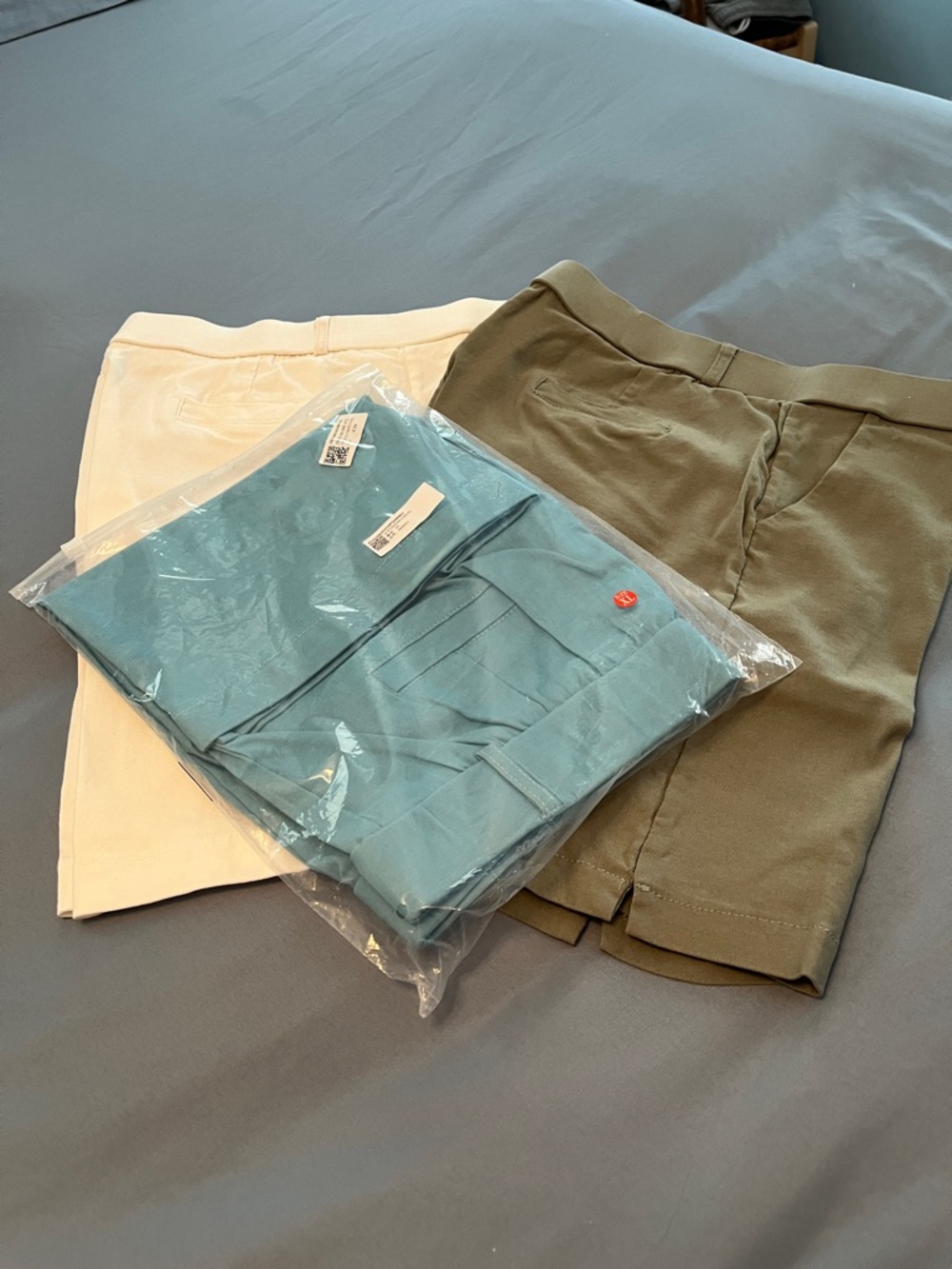 Three Casual Shorts - Sage Green, Cream, Teal